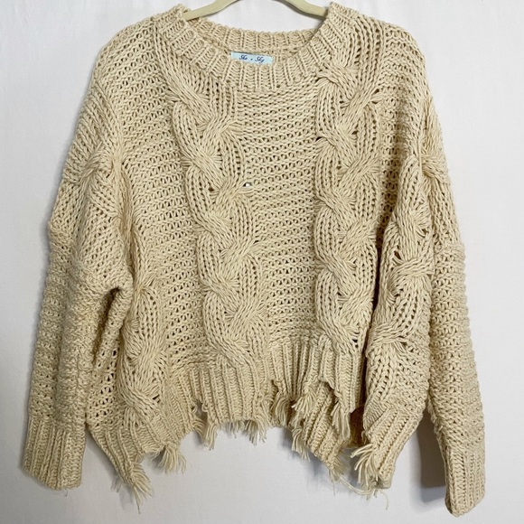 She + Sky Sweaters - She + Sky Boho Chunky Cable Knit Distressed Hem Cropped Sweater NEW